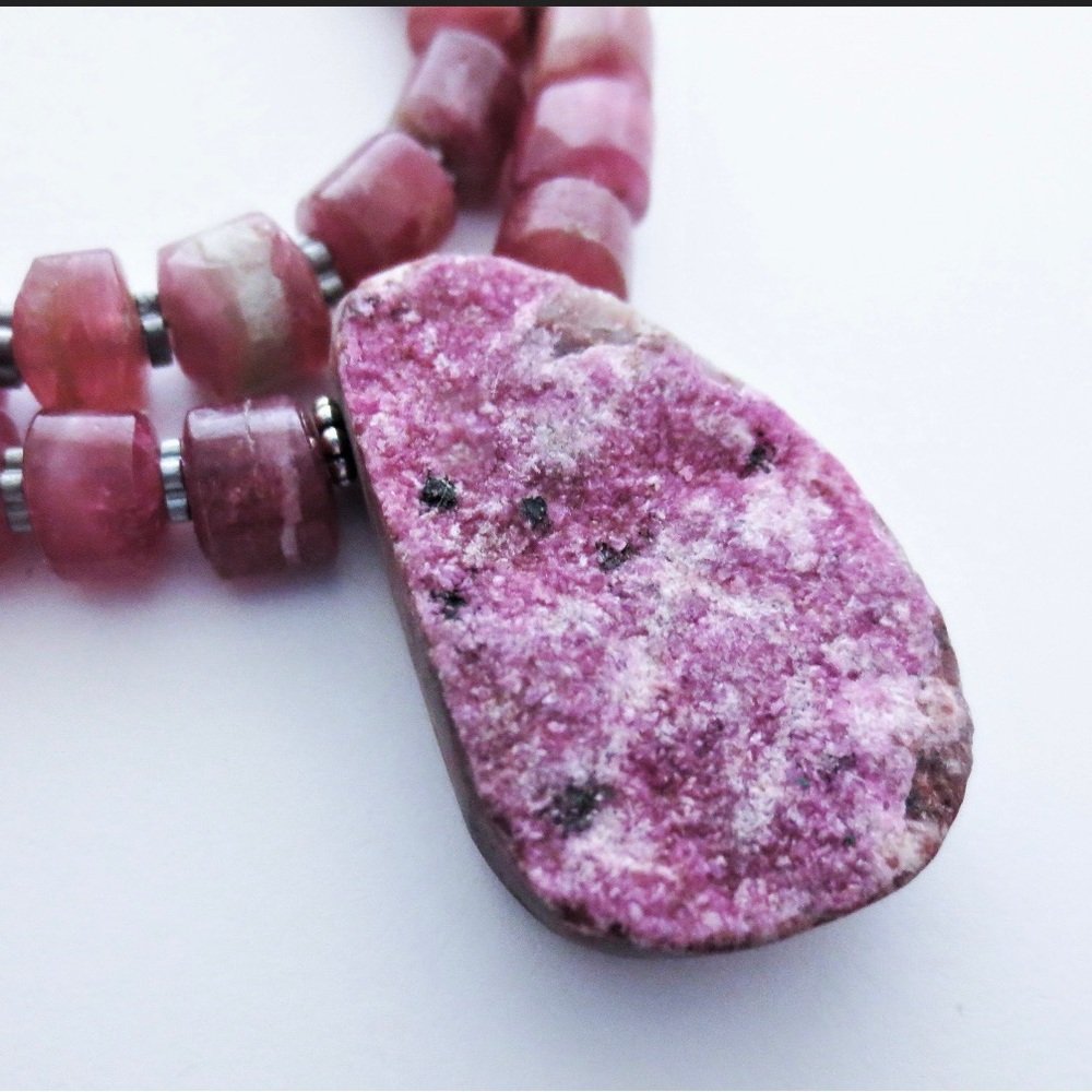 Pink Tourmaline Cobalto Drusy Gemstone Pendant Necklace EE Designs
